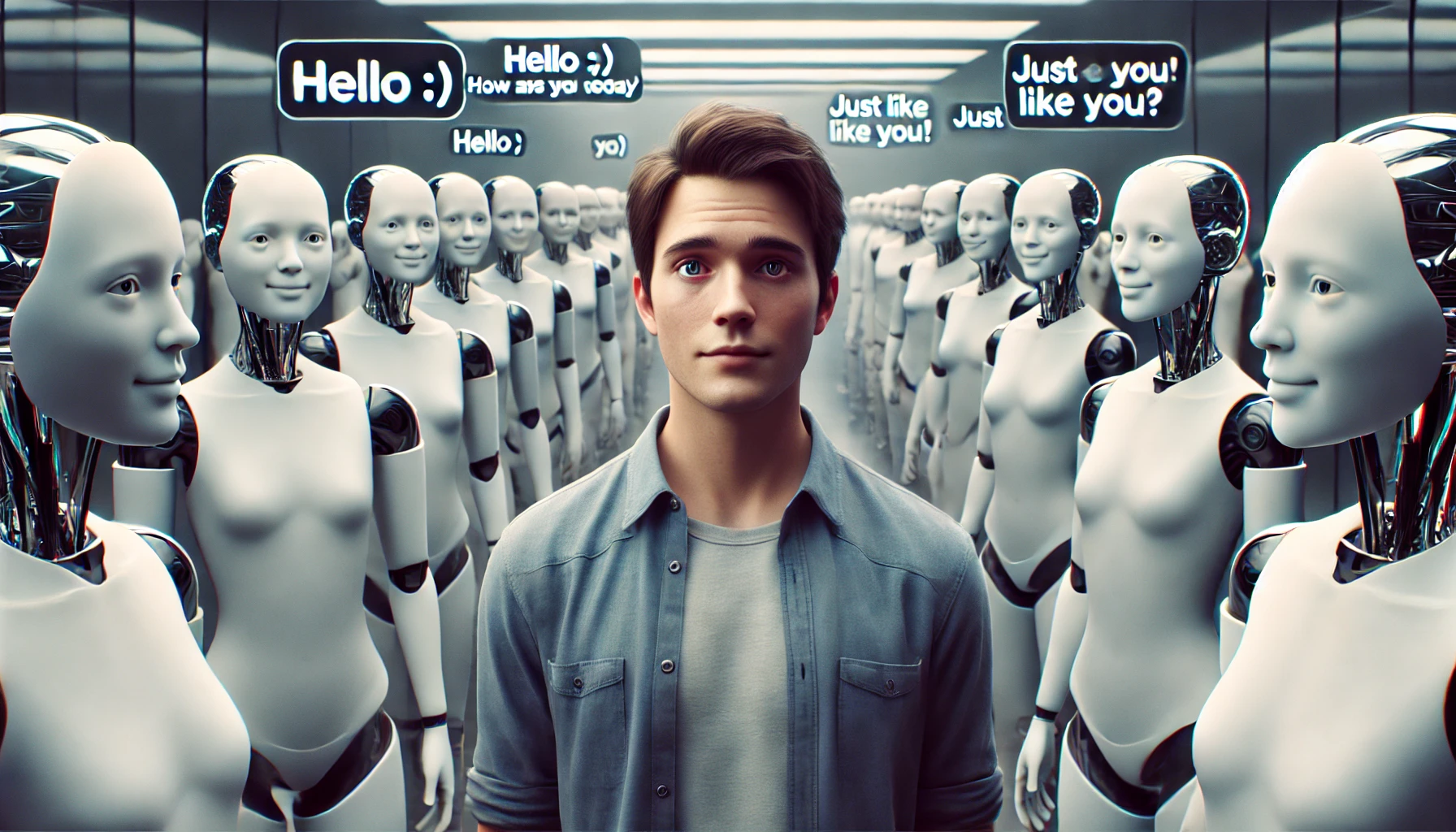 Und da ist es – dein visueller Turing-Schockmoment: ein echter Mensch, verloren im Meer der charmant grinsenden KI-Doppelgänger. Das Bild wurde mit DALL·E erstellt