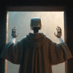 Back view of a humanoid robot in a robe standing in a doorway with arms raised toward the light.