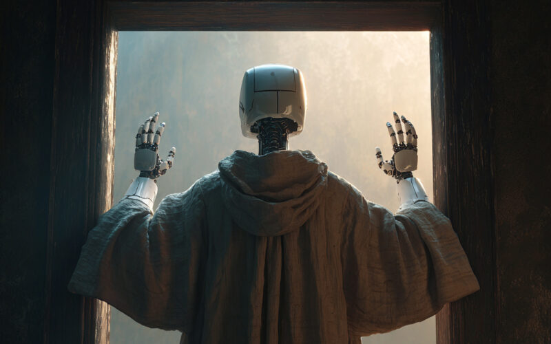 Back view of a humanoid robot in a robe standing in a doorway with arms raised toward the light.