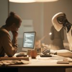 A cinematic 16:9 shot showing a writer and a humanoid AI figure sitting at the same desk, both typing on their own keyboards. The human looks thoughtful, the AI is calm and focused. The setting is a warm-lit modern study, with coffee cups, scattered notes, and one shared screen in the middle showing a shared text in progress. Soft shadows, slightly surreal, clean modern color palette. The scene symbolizes collaboration between human creativity and machine support. hyper-realistic.