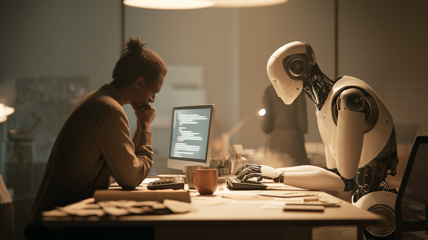 A cinematic 16:9 shot showing a writer and a humanoid AI figure sitting at the same desk, both typing on their own keyboards. The human looks thoughtful, the AI is calm and focused. The setting is a warm-lit modern study, with coffee cups, scattered notes, and one shared screen in the middle showing a shared text in progress. Soft shadows, slightly surreal, clean modern color palette. The scene symbolizes collaboration between human creativity and machine support. hyper-realistic.