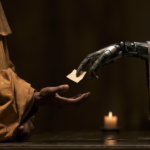 Human hand reaches out to receive a small sticky note from a robotic hand in a dim, candlelit setting.