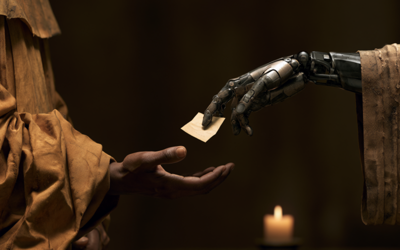 Human hand reaches out to receive a small sticky note from a robotic hand in a dim, candlelit setting.
