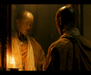 A humanoid robot-monk faces a mirror; in the reflection its face wears a wide, approving, slightly-too-eager smile, while the real face stays neutral; tight framing on face and reflection; warm chiaroscuro, single candle.