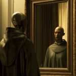 Humanoid robot in a hooded cloak stands before a gold-framed mirror, seen from behind.