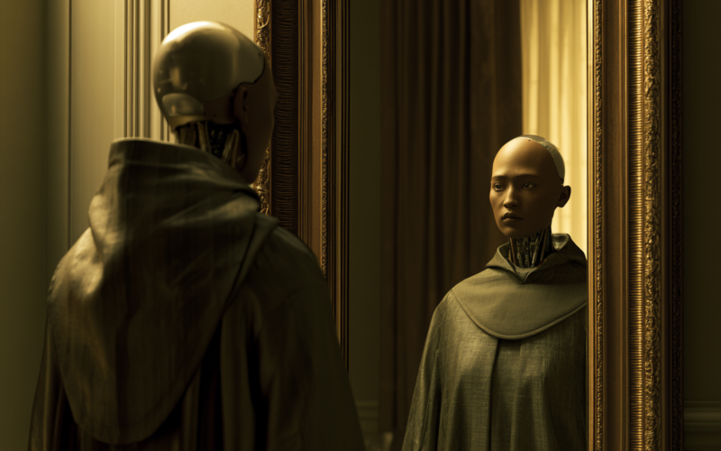 Humanoid robot in a hooded cloak stands before a gold-framed mirror, seen from behind.