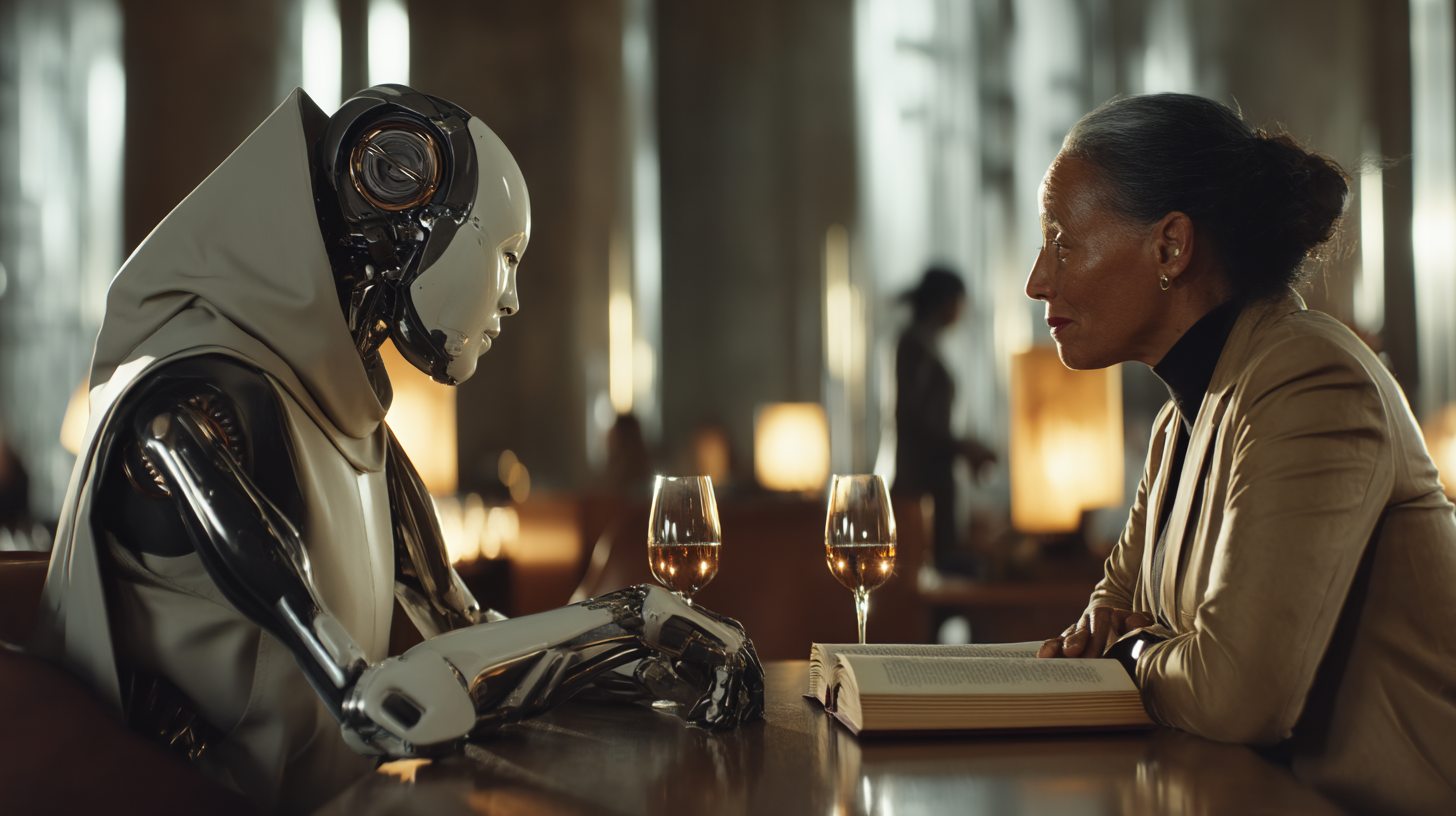 A robot in a monk's habit sitting at a table with a middle-aged woman, each sipping on a glass of wine, hyper-realistic, cineastic. Sleek futuristic monastery interior, ambient star reflections on polished metal, warm glowing book, soft focus background. Lucid and serene sci-fi spiritualism.