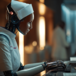 A robot in a nurse's uniform typing into a computer, hyper-realistic, cineastic. Sleek futuristic nursery home, ambient star reflections on polished metal, warm glowing book, soft focus background. Lucid and serene sci-fi spiritualism.