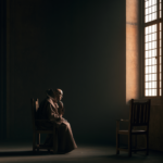 Plague-doctor figure in a hooded robe sits in a dim room beside a window illuminated by warm light.