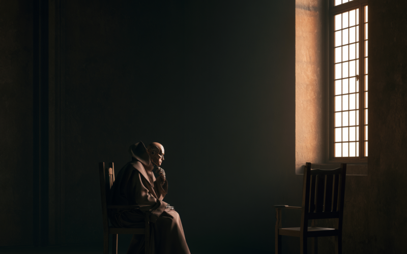 Plague-doctor figure in a hooded robe sits in a dim room beside a window illuminated by warm light.