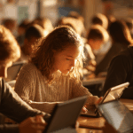 Classroom with students working with tablets an laptops, photo-realistic, golden sunlight. Generated by midjourney