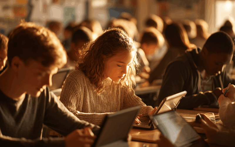 Classroom with students working with tablets an laptops, photo-realistic, golden sunlight. Generated by midjourney