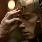 Person with a copper-toned cybernetic headpiece touching their temple while their eyes are closed, as if meditating or concentrating.