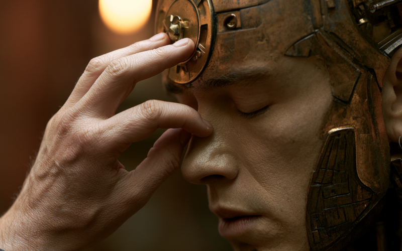 Person with a copper-toned cybernetic headpiece touching their temple while their eyes are closed, as if meditating or concentrating.