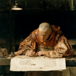Monk-like man in orange robes studies architectural plans at a drafting table, pencil in hand, in a dim workshop.
