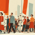 Illustrative poster in the style of the 1960s showing white collar workers marching along with friendly looking robots on a 1st March manifestation. Bild Midjourney