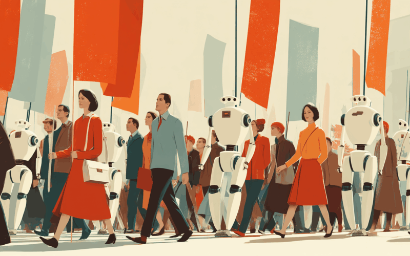 Illustrative poster in the style of the 1960s showing white collar workers marching along with friendly looking robots on a 1st March manifestation. Bild Midjourney