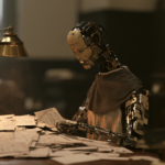 Humanoid robot seated at a desk, looking down at a pile of handwritten letters under warm desk lamp light.