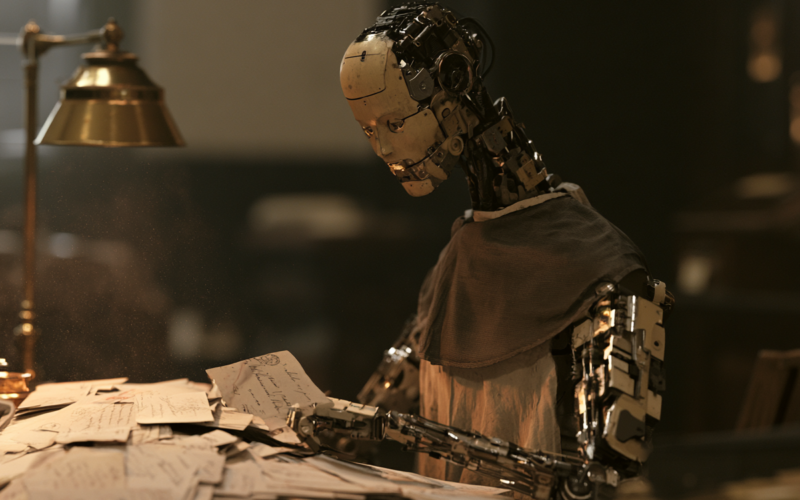 Humanoid robot seated at a desk, looking down at a pile of handwritten letters under warm desk lamp light.