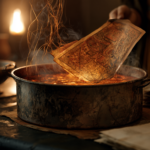Vom Rang zur Zutat Person dips an ornate illustrated card into a steaming metal cauldron over a warm fire, suggesting a ritual or divination moment.