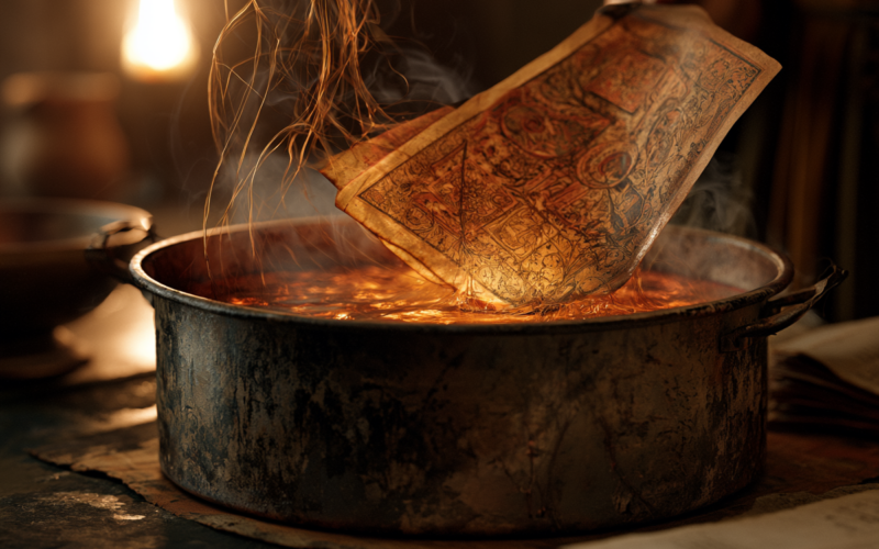 Person dips an ornate illustrated card into a steaming metal cauldron over a warm fire, suggesting a ritual or divination moment.