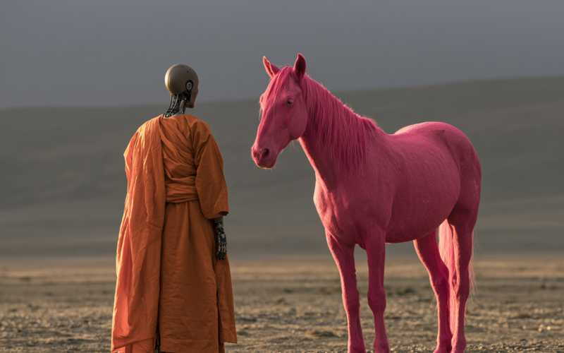 Robot-like figure in orange robes stands facing a pink horse in a barren desert landscape.