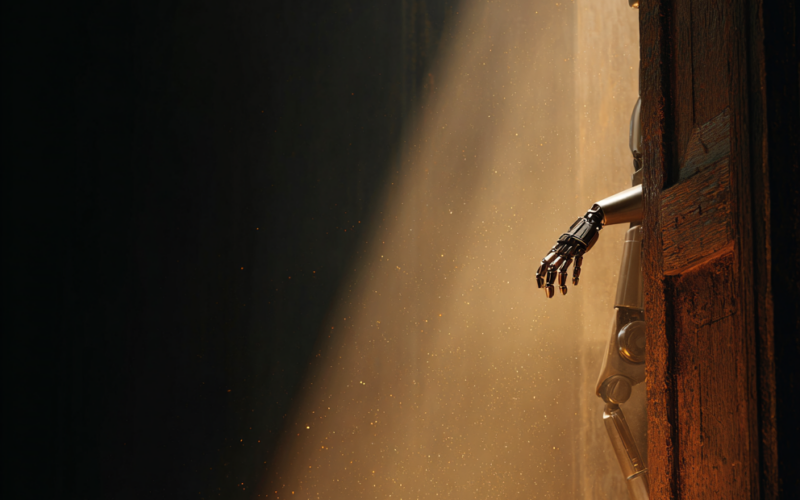Metal humanoid robot peeking from a partially opened wooden door, illuminated by a warm beam of light with dust particles in the air.