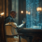 A person in a monk-like robe sits at a carved desk, examining a glowing holographic data wall with a robotic prosthetic arm raised toward it.