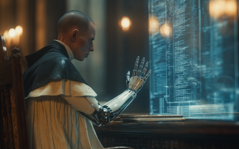 A person in a monk-like robe sits at a carved desk, examining a glowing holographic data wall with a robotic prosthetic arm raised toward it.