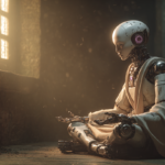 Humanoid robot sits cross-legged in a sunlit, ruined chamber, meditating with a calm expression.