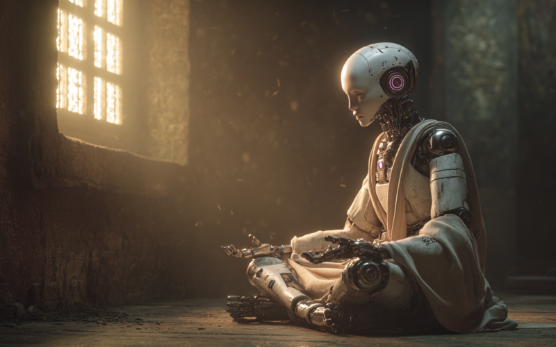 Humanoid robot sits cross-legged in a sunlit, ruined chamber, meditating with a calm expression.