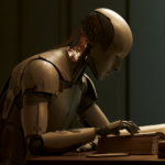Humanoid robot reading an open dusty book at a desk in a dimly lit room