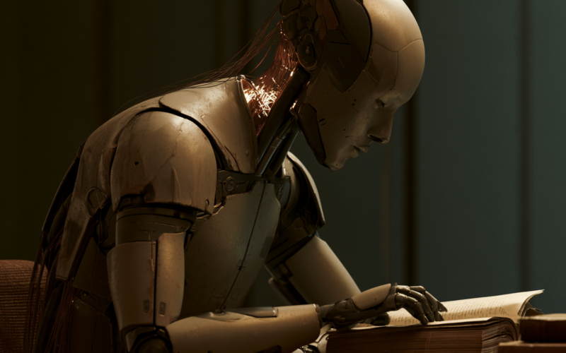 Humanoid robot reading an open dusty book at a desk in a dimly lit room