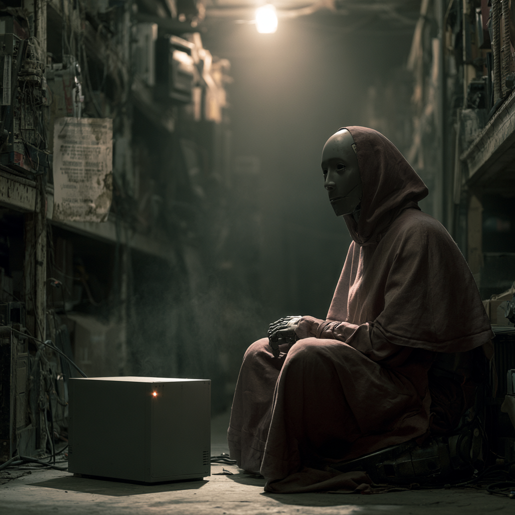 cinematic concept photography, hyper-realistic, a dim cluttered basement storage shelf, a switched-off humanoid robot in a monk's habit slumped beside a small plain grey electronic box, a single tiny LED on the box still glowing faintly, dust in the air, a faded clearance label, deep shadows, cold chiaroscuro lighting, single low light source, melancholic