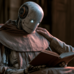 Humanoid robot in brown robe reads a book, with a softened glow on its metal head.
