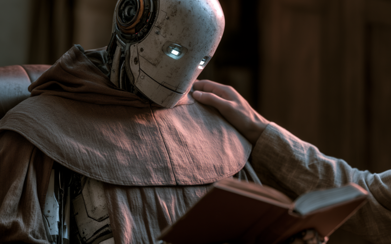 Humanoid robot in brown robe reads a book, with a softened glow on its metal head.