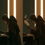 Two panels show a robe-clad humanoid robot at a desk, reading sheets by warm backlight.