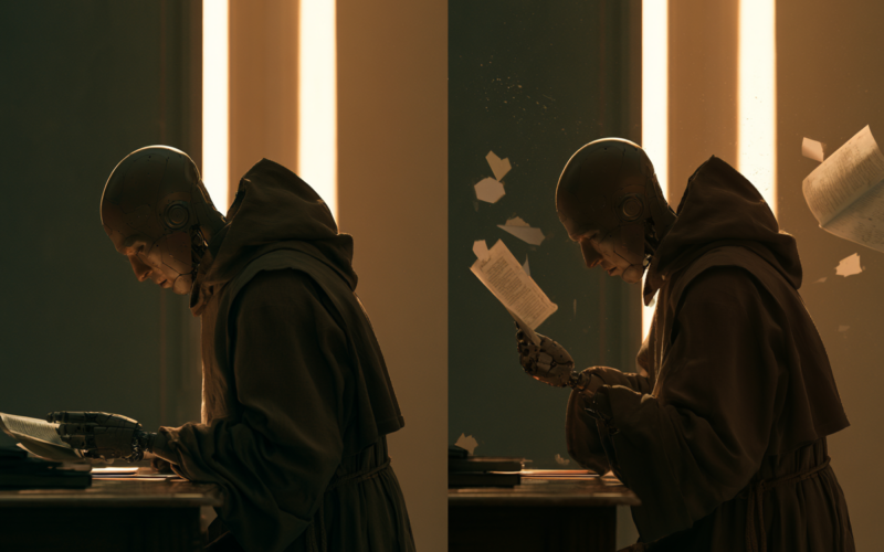 Two panels show a robe-clad humanoid robot at a desk, reading sheets by warm backlight.