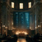 A grand church interior with a glowing blue server rack at the altar, candles nearby and worshippers in pews.