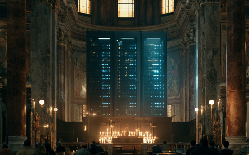 A grand church interior with a glowing blue server rack at the altar, candles nearby and worshippers in pews.