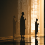 Three silhouetted monks in robes stand in a warmly lit corridor, hands raised in prayer, with reflective flooring below.