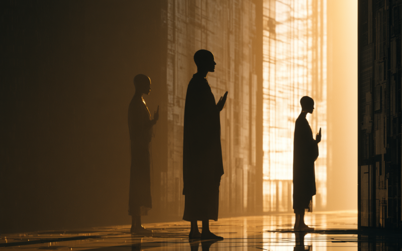 Three silhouetted monks in robes stand in a warmly lit corridor, hands raised in prayer, with reflective flooring below.