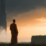 Buddhist monk in orange robes stands on a hill silhouetted against a rocket launch tower and sunset smoke.