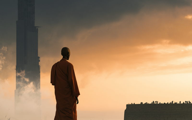 Buddhist monk in orange robes stands on a hill silhouetted against a rocket launch tower and sunset smoke.