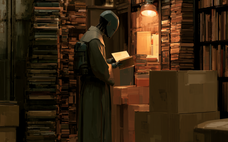 Person in a hazmat suit reads a book among stacks of books and cardboard boxes in a warm, dim warehouse-like library.