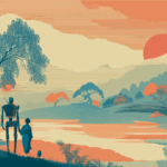 Serene landscape, japanese woodcut style, Katsushika Hokusai style, serene landscape in bright, friendly colors with a human and an humanoid robot holding hands. Generated with midjourney
