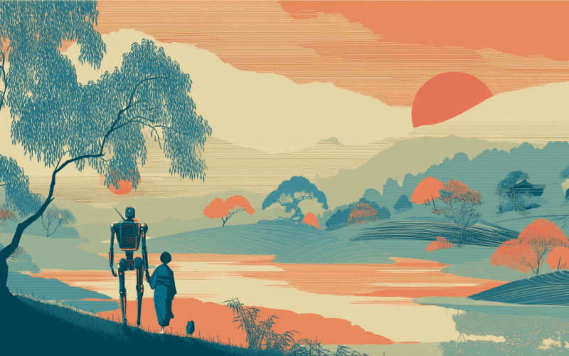 Serene landscape, japanese woodcut style, Katsushika Hokusai style, serene landscape in bright, friendly colors with a human and an humanoid robot holding hands. Generated with midjourney